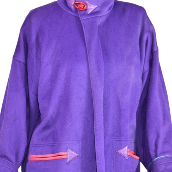 Vintage Purple Maxi Coat 90s Zip Felted Wool Oversized Leather Trim Large OSFM - Picture 4 of 16